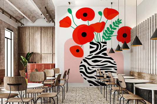 Abstract Poppies in Zebra Print Vase Wall Mural