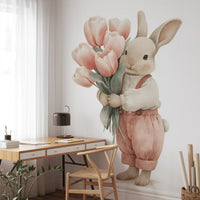 Little Bunny With Tulip Bouquet Wall Mural