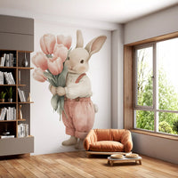 Little Bunny With Tulip Bouquet Wall Mural