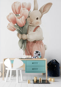 Little Bunny With Tulip Bouquet Wall Mural