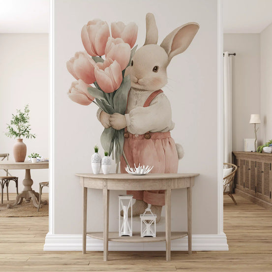 Little Bunny With Tulip Bouquet Wall Mural