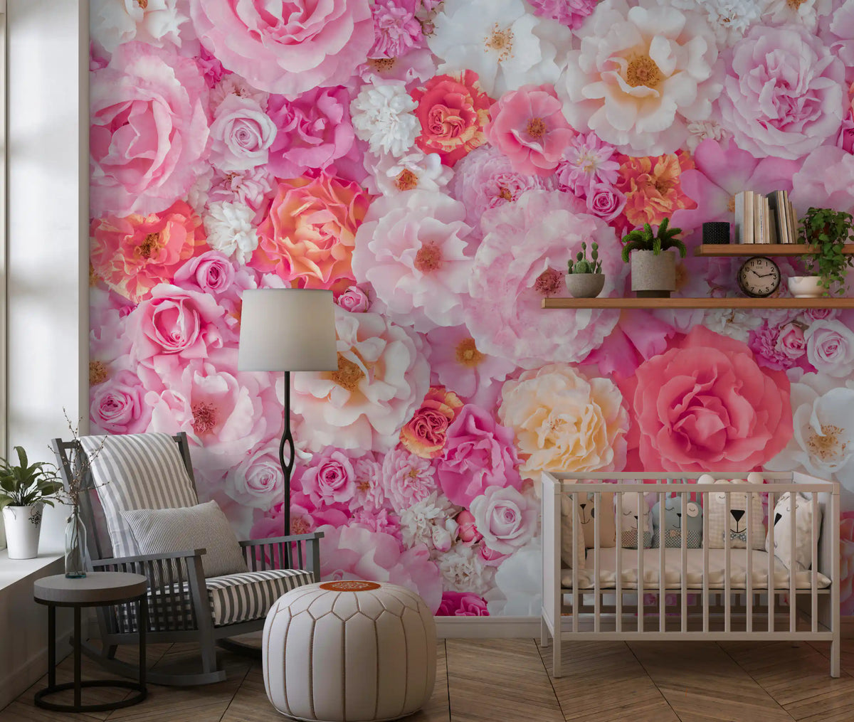 Floral wallpaper mural in a nursery with a wooden crib, rocking chair and pouf GD13680