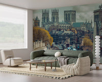 Gothic Cathedral and City Streetscape Wall Mural