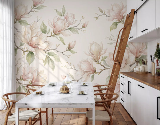 Soft Watercolor Magnolia Branches Wall Mural