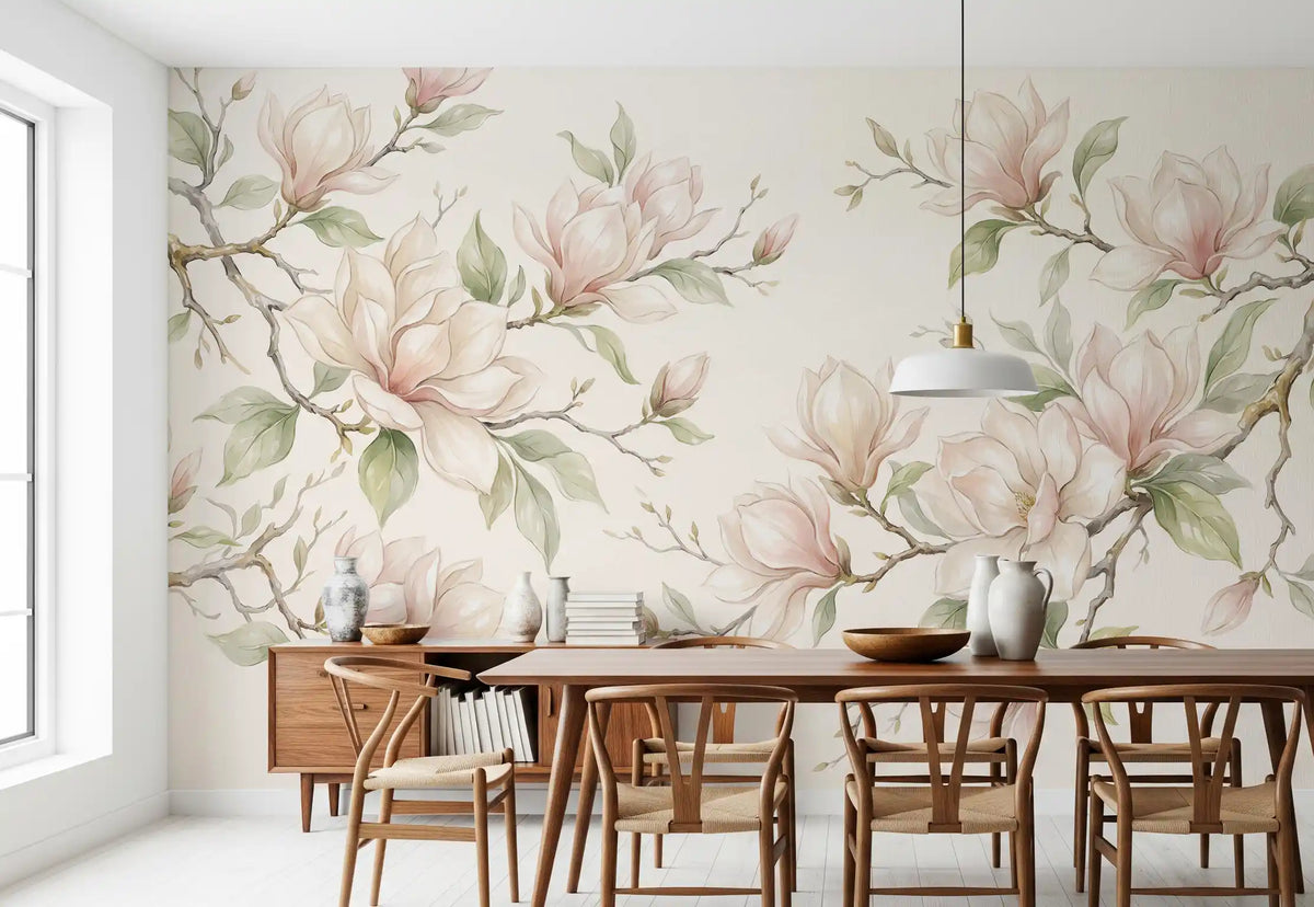 Soft Watercolor Magnolia Branches Wall Mural