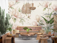 Soft Watercolor Magnolia Branches Wall Mural