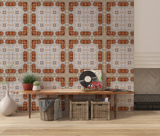 Aged Plaster and Brick Geometric Grid Wallpaper⁠