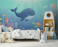 Friendly Whale and Friends Ocean Scene Wall Mural