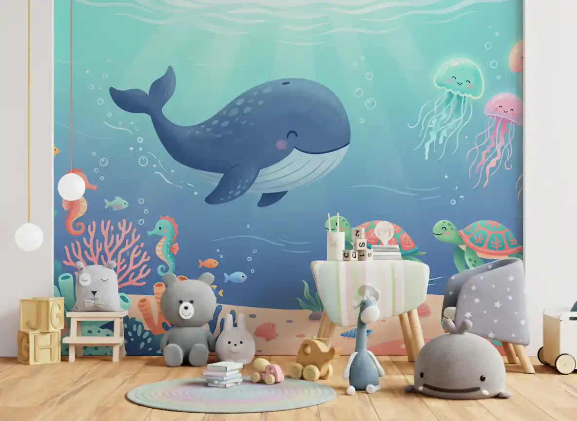Friendly Whale and Friends Ocean Scene Wall Mural