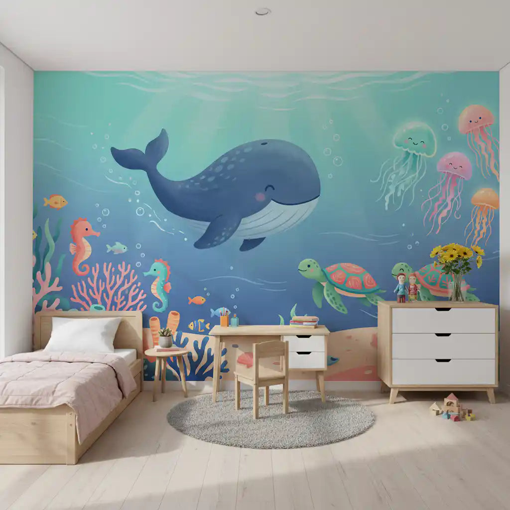 Friendly Whale and Friends Ocean Scene Wall Mural