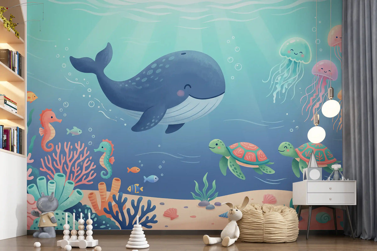 Friendly Whale and Friends Ocean Scene Wall Mural