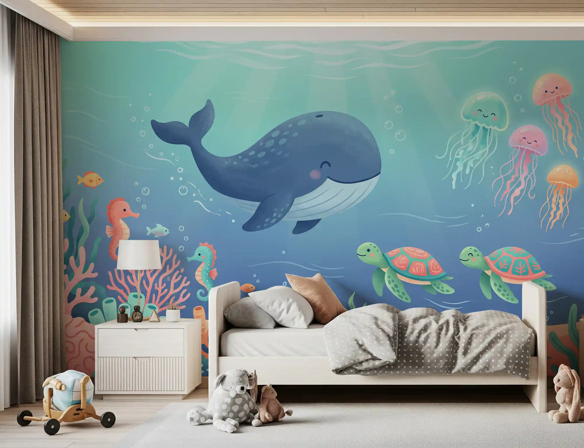 Friendly Whale and Friends Ocean Scene Wall Mural