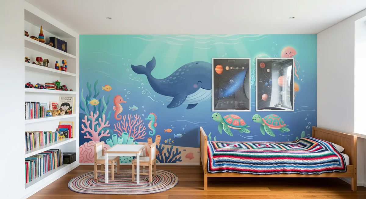 Friendly Whale and Friends Ocean Scene Wall Mural