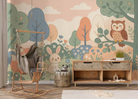 Friendly Woodland Creatures in Soft Pastel Forest Wall Mural