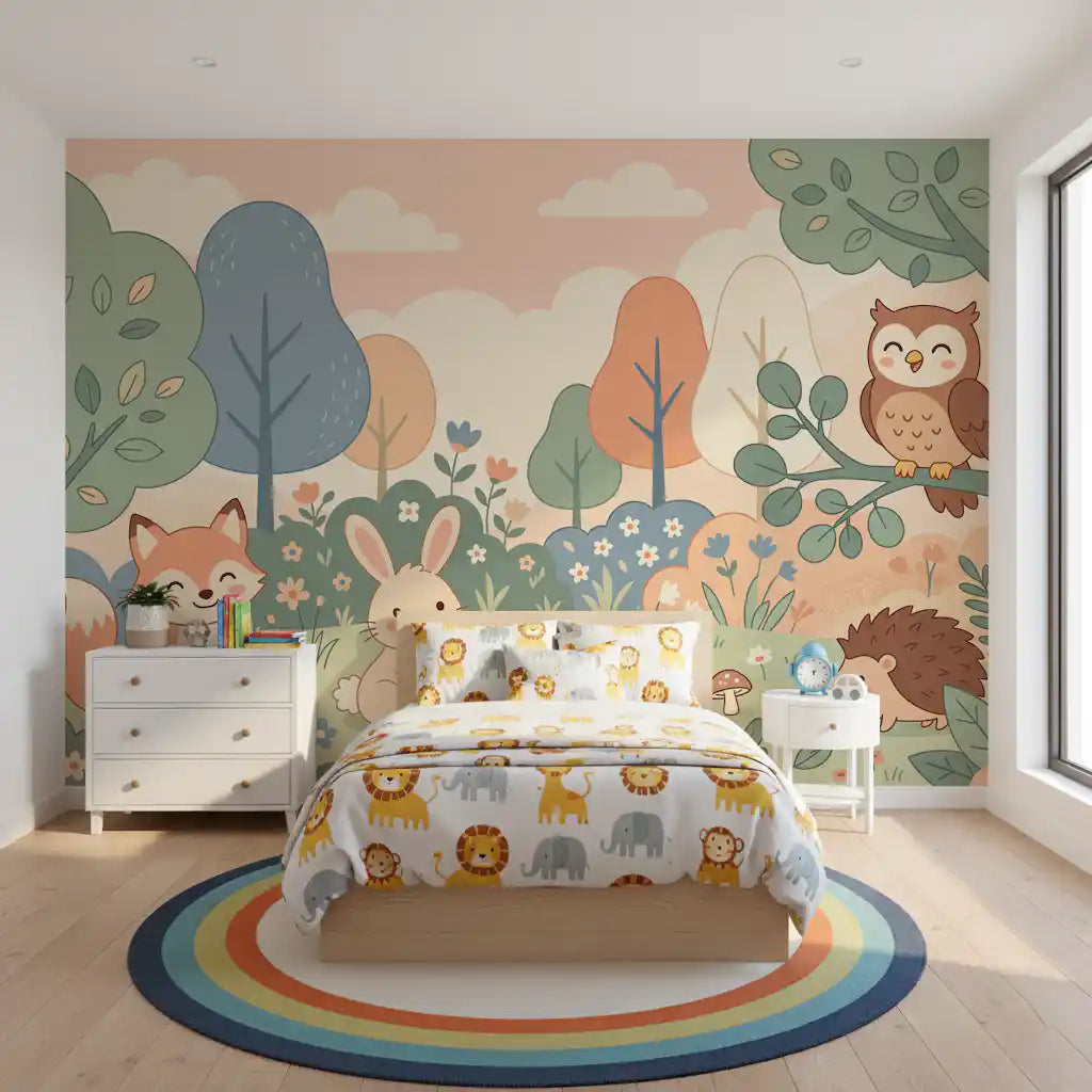 Forest wallpaper mural behind a kids bed with animal print bedding and a rainbow round rug GD13696