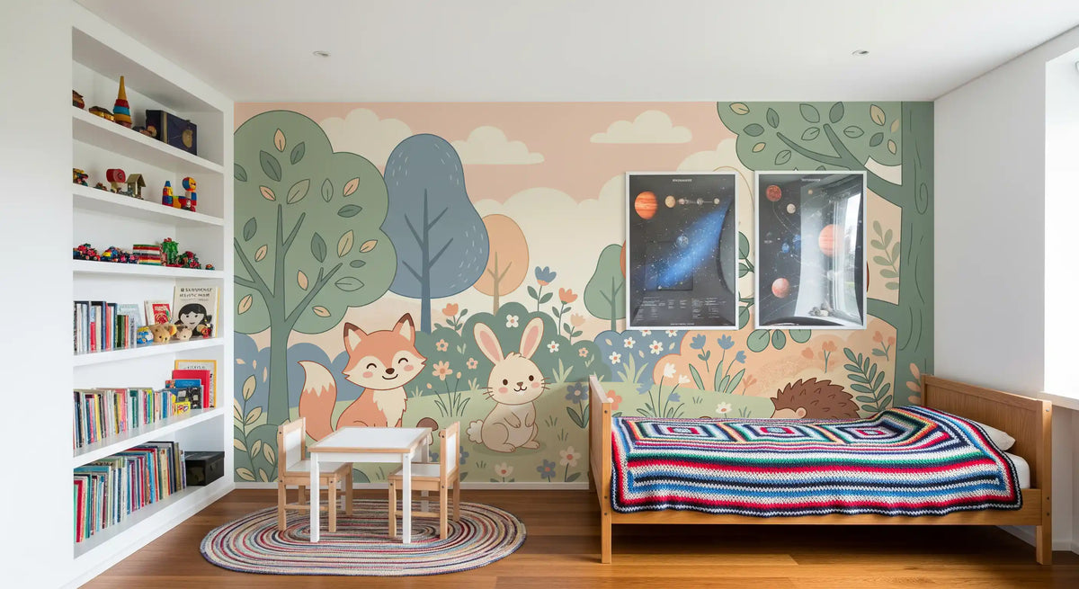 Friendly Woodland Creatures in Soft Pastel Forest Wall Mural