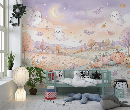 Halloween wallpaper mural behind a mint green crib, paper floor lamp and potted plants GD13697