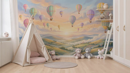 Hot air balloon wallpaper behind a canvas teepee, plush teddy bears and a round rug GD13706