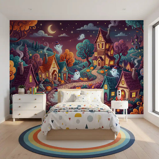 Halloween wallpaper mural behind a kids bed with polka dot bedding and a rainbow round rug GD13708