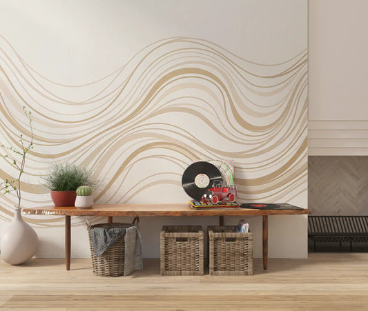 Cream and Beige Fluid Wave Lines Wall Mural