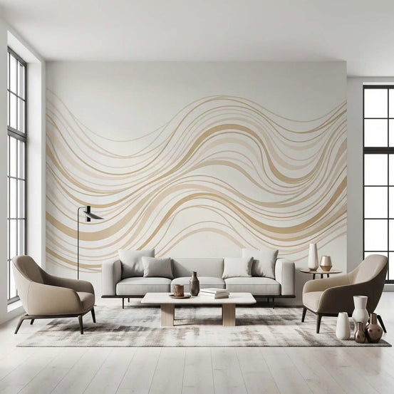 Line wallpaper mural with beige waves behind a gray sofa and two taupe armchairs GD13712