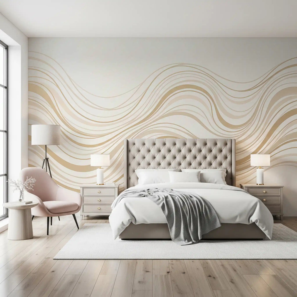 Cream and Beige Fluid Wave Lines Wall Mural