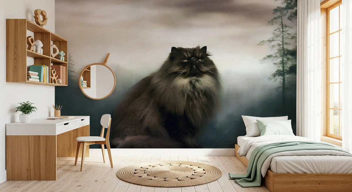 Regal Persian Cat in Misty Forest Wall Mural