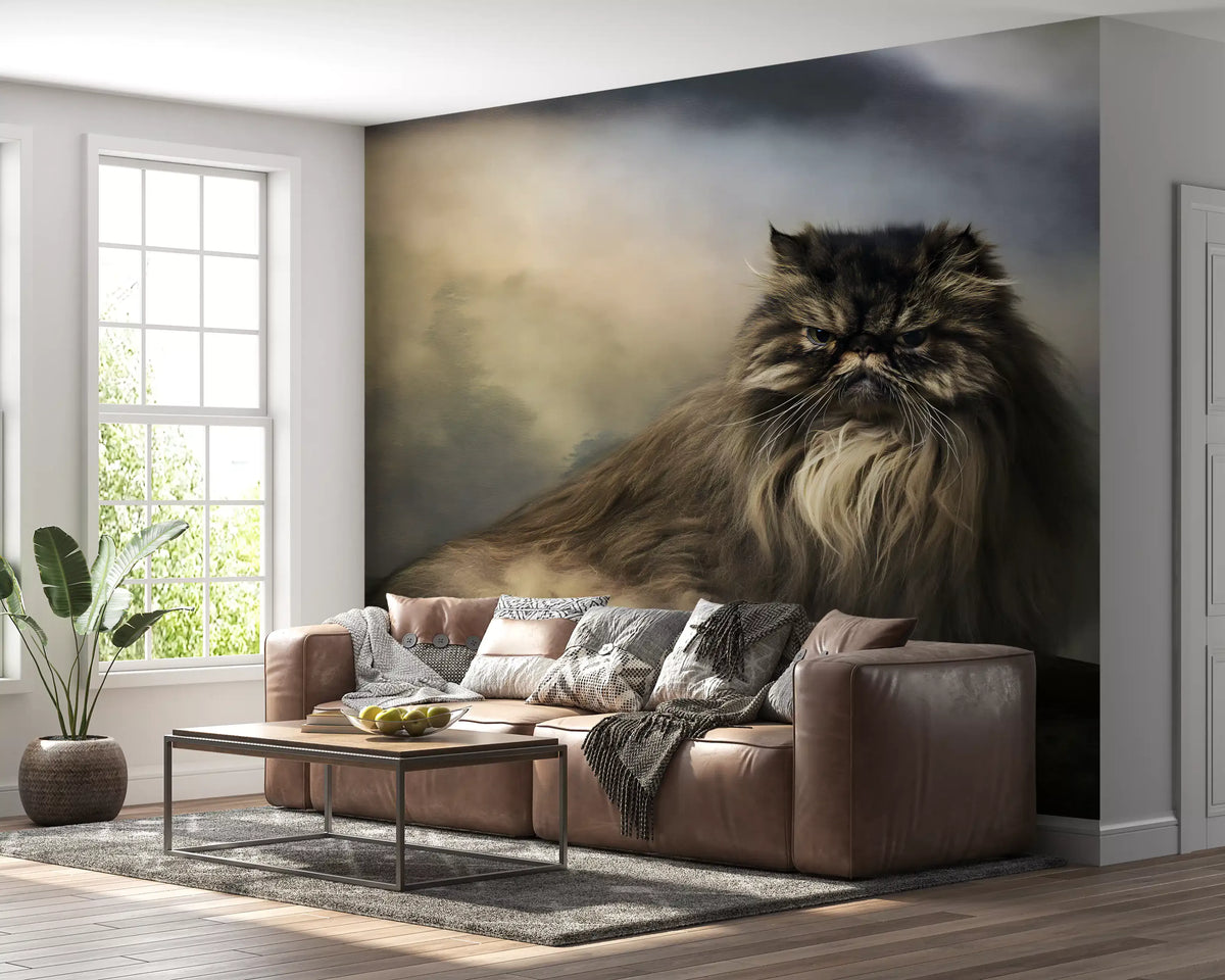 Cat wallpaper mural behind a brown leather sofa, metal coffee table and plant GD13718