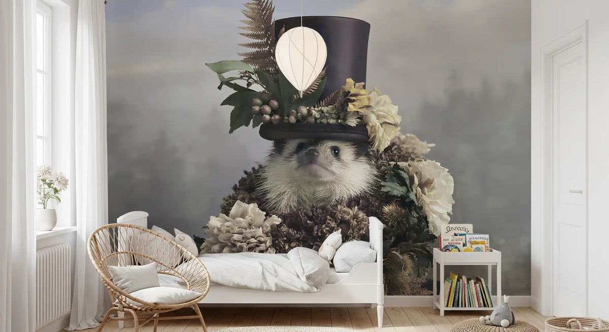 Hedgehog in Botanical Top Hat Wall Mural
