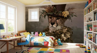 Cheetah in Top Hat with Floral Crown Wall Mural