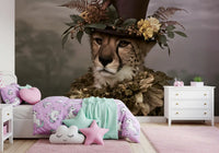 Cheetah in Top Hat with Floral Crown Wall Mural