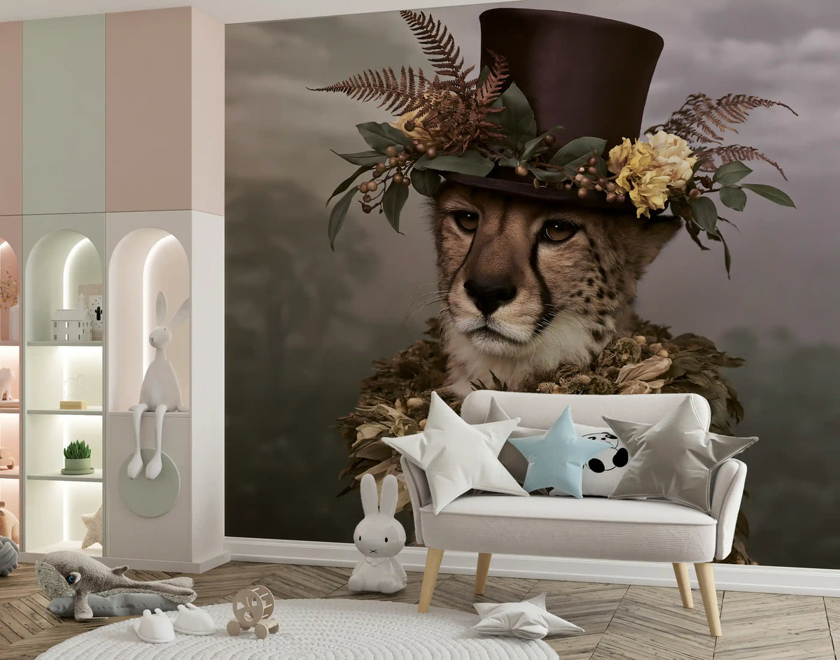 Cheetah in Top Hat with Floral Crown Wall Mural