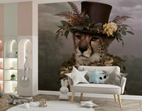 Cheetah in Top Hat with Floral Crown Wall Mural