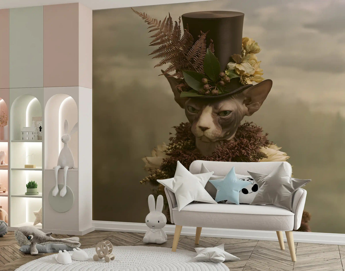Dapper Sphynx in Top Hat and Florals Wall Mural