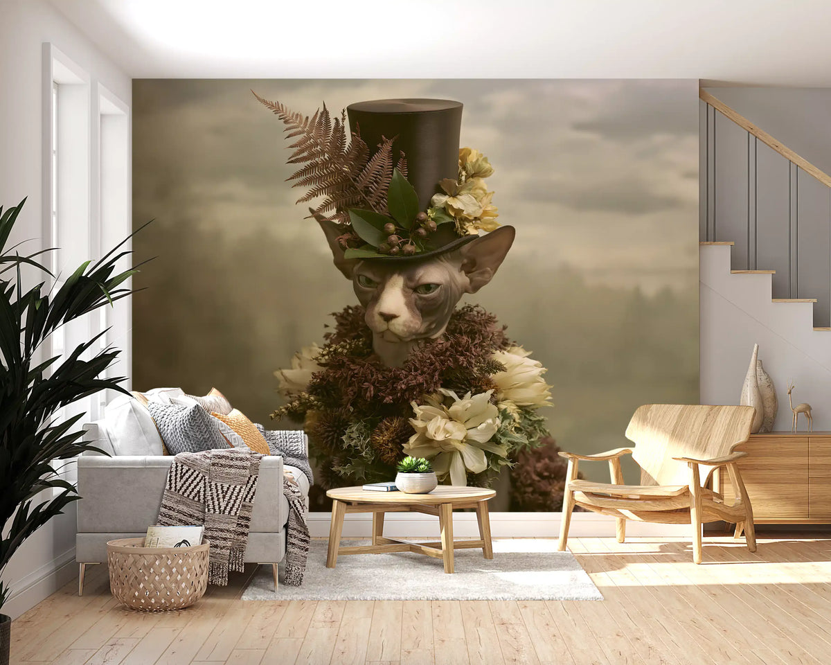 Dapper Sphynx in Top Hat and Florals Wall Mural