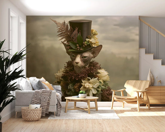 Sphynx cat wallpaper behind gray sofa and wooden lounge chair in bright living room GD13721