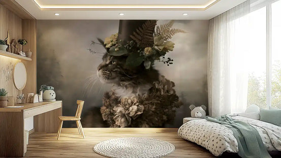 Tabby cat wallpaper in bedroom with vanity desk, spotted bedding and jute rug GD13722
