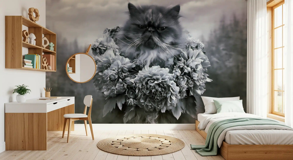Persian Cat with Floral Wreath Wall Mural
