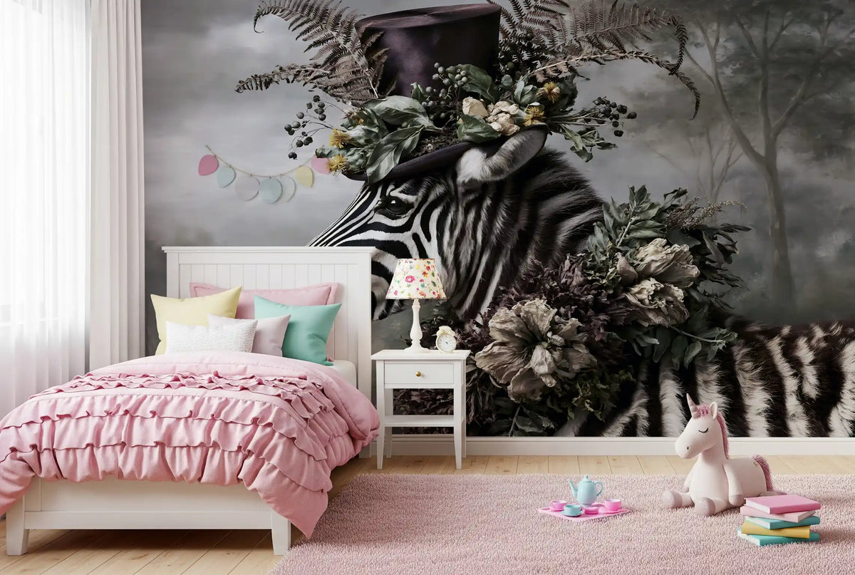Dapper Zebra in Floral Hat Wall Mural