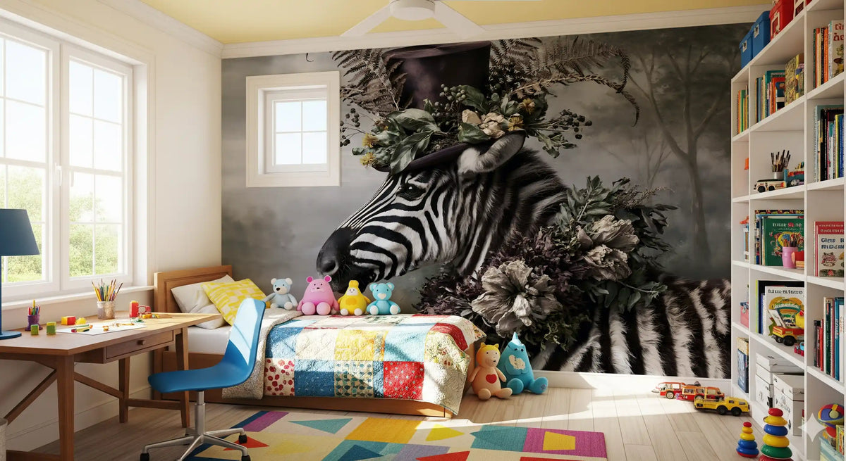 Dapper Zebra in Floral Hat Wall Mural