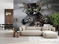 Dapper Zebra in Floral Hat Wall Mural