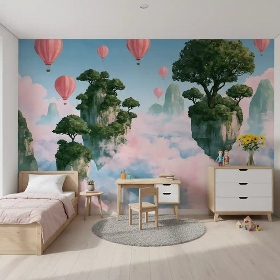 Hot air balloon wallpaper in kids bedroom with pine bed, small desk and white dresser GD13725