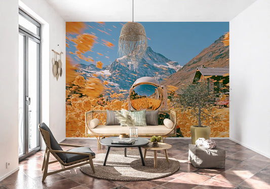 Living room with rattan sofa, terracotta tile floor and astronaut flower mural GD13730