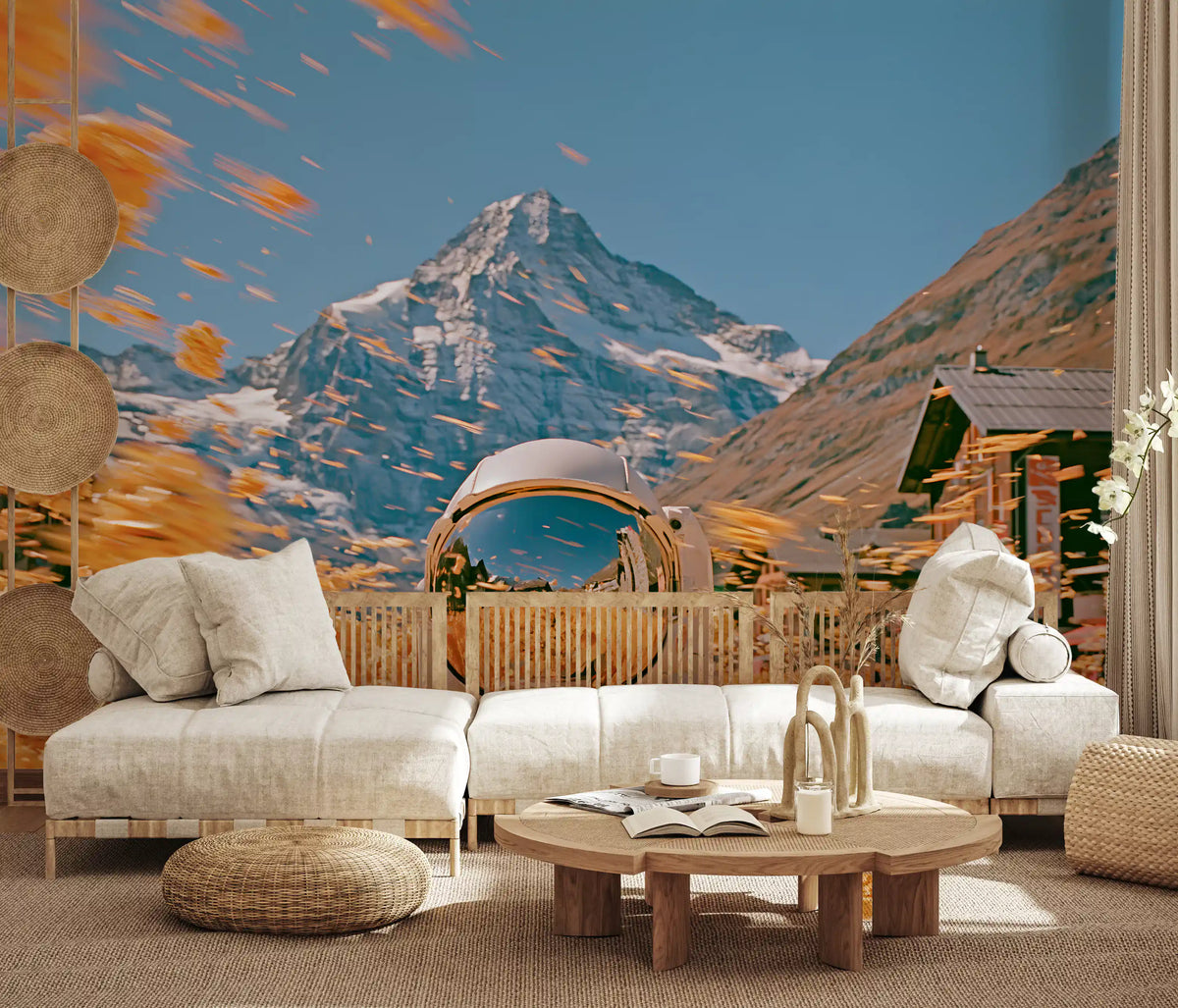 Mountain wallpaper behind a cream sectional, round wood table and woven wall baskets GD13730