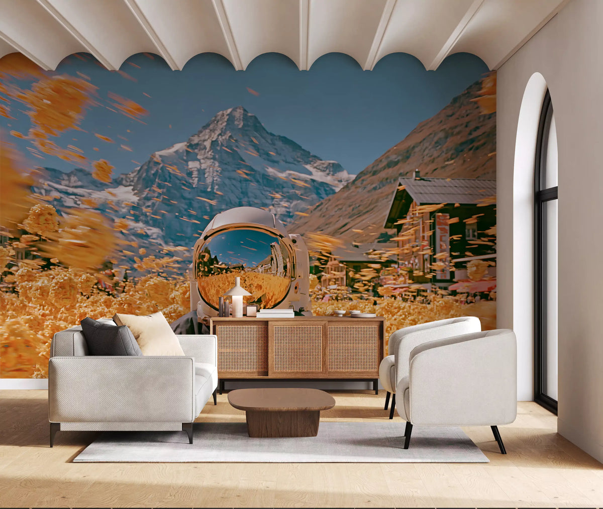 Astronaut Amidst Golden Alpine Blooms Wall Mural