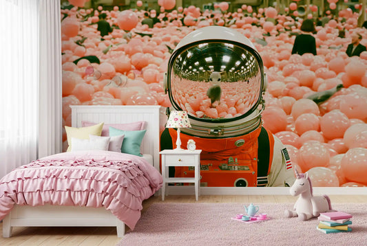 Girls bedroom with pink ruffle bed, unicorn toy and rug on an astronaut balloon mural GD13731