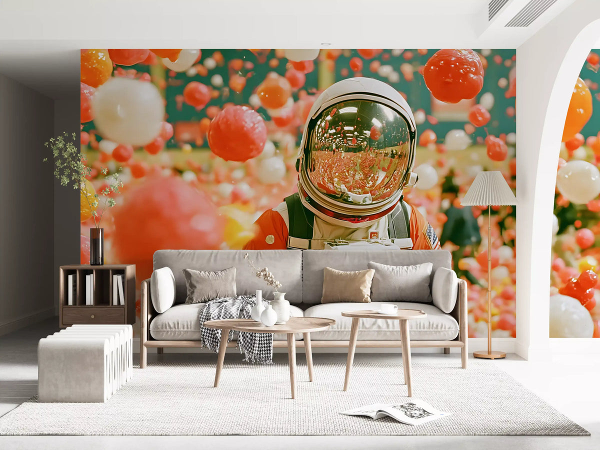 Astronaut Amidst Floating Orbs Wall Mural