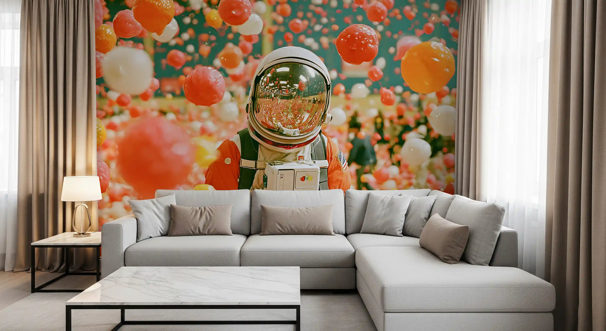 Astronaut Amidst Floating Orbs Wall Mural
