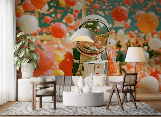 Astronaut Amidst Floating Orbs Wall Mural