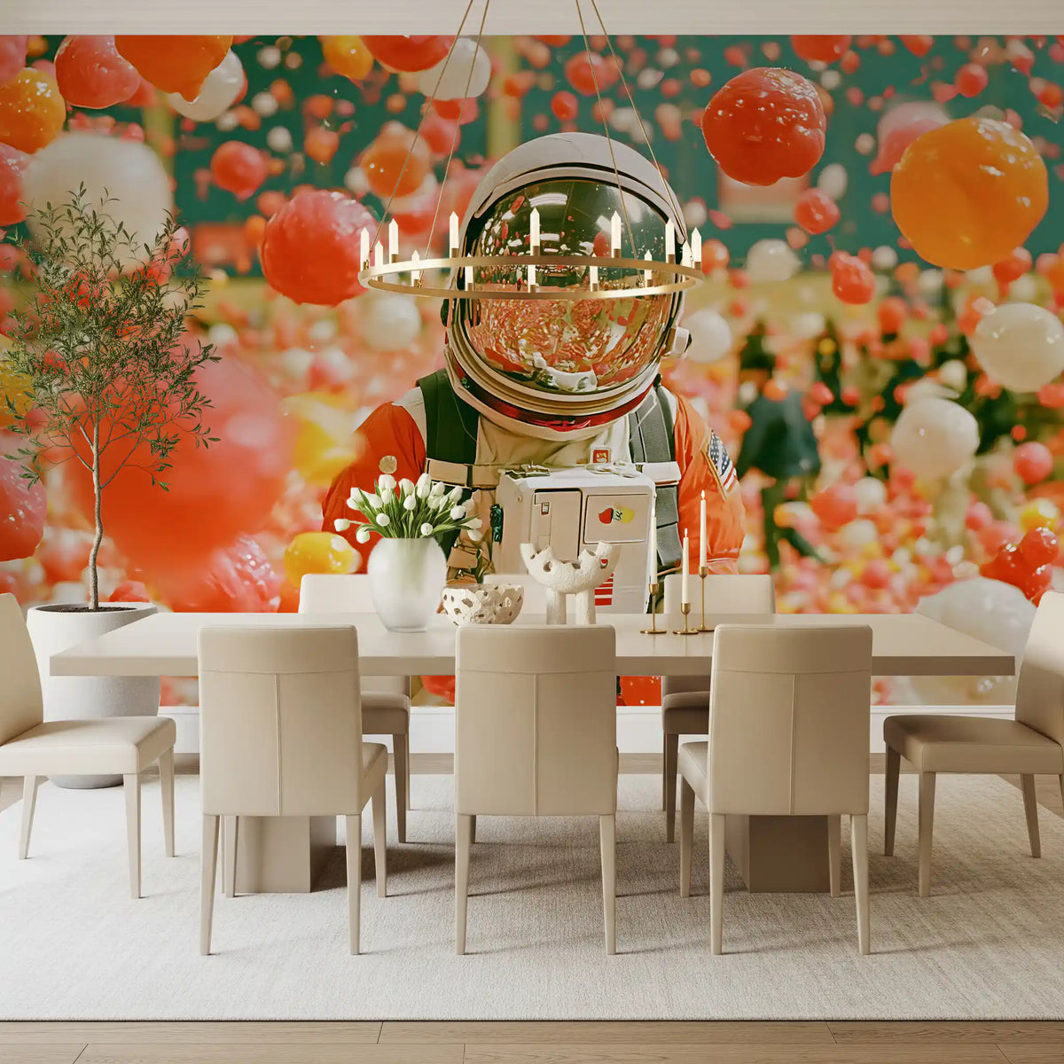 Astronaut Amidst Floating Orbs Wall Mural